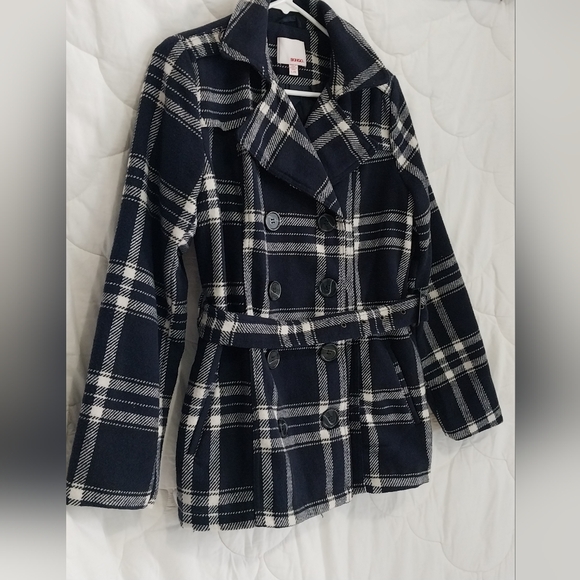 Bongo Womens Large Belted Brushed Soft Button-Down Plaid Navy Blue White Jacket - Picture 2 of 15